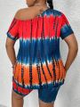 Tie-Dye Plus Size Women's Short Sleeve Top And Shorts Set