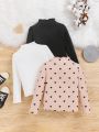 SHEIN Kids EVRYDAY 3pcs/Set Girls' Solid Color Stand Collar Fitted Casual T-Shirt With Heart Pattern