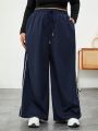 SHEIN CURVE+ Plus Size Women's Drawstring Waist Splicing & Side Split Wide Leg Pants