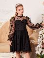 SHEIN Kids FANZEY Girls' Woven Plush Sheer Stand Collar Loose Elegant Dress