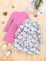 SHEIN Kids QTFun Girls Solid Color And Butterfly Print Round Neck Loose Dress Two-Piece Set