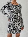 SHEIN Essnce Women's Zebra Print Backless Long Sleeve Bodycon Dress