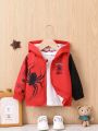 SHEIN Infant Boys' Casual And Athletic Spider Pattern Printed Hooded Long-sleeved Jacket, Suitable For Outdoor Activities