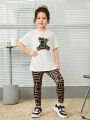 SHEIN Kids HYPEME Girls' Sports Street Fashion Bear Pattern Round Neck T-Shirt And All-Over Printed Pants Set