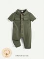 Cozy Cub Baby Boy's Solid Color Short Sleeve Jumpsuit With Turn-Down Collar In Workwear Style