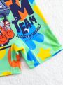 Baby Boy Letter & Cartoon Printed Short Sleeve One Piece Swimsuit