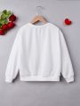 SHEIN Tween Girl Knitted Solid Color Splice Weaved Sequined Heart Pattern Round Neck Loose Romantic Sweatshirt