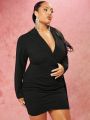 SHEIN BAE Plus Size Women's Black Suit Dress With Sash, Deep V-Neck, Slim Fit, Bodycon, Ruched