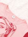 Teenage Girls' Cartoon Printed Contrast Color Short Sleeve T-Shirt