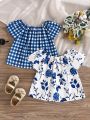2pcs Baby Girls' Blue Floral Print Top And Blue & White Grid Patterned Top, Sweet And Lovely