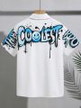 SHEIN Kids EVRYDAY Tween Boys' Loose Fit Casual Turn-Down Collar Printed Short Sleeve Woven Shirt With Letter Pattern