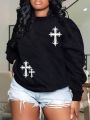 Plus Size Women'S Cross Printed Round Neck Sweatshirt