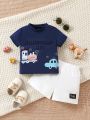 Baby Boy's Cartoon Car Pattern Knitted Short Sleeve T-Shirt And Woven Shorts Set With Letter Print, Summer