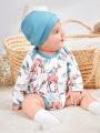 SHEIN Baby Boy's Autumn And Winter Blue Cute Deer Print Fun Daily Casual Jumpsuit With Hood