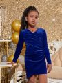 SHEIN Kids Cooltwn Girls' Fashionable And Elegant Knitted Velvet Solid Color V-Neck Long Sleeve Dress For Parties