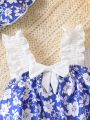 Infant Baby Girls' Bodysuit With Romantic Floral Pattern And Lace Trim