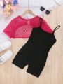 SHEIN Kids Cooltwn Tween Girls' Fashionable Knit Round Neck Short-Sleeved Top With Knit Letter Print Suspender Shorts Set For Sports