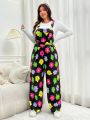 SHEIN Qutie Plus Size Cute Flower Print Jumpsuit