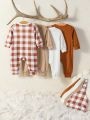 4pcs/set Simple And Lazy Style Baby Boys' Rompers With Diagonal Front Zippers, Daily Wear And Layering For Fall And Winter