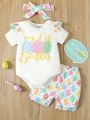 Baby Girl's Easter Fun Egg & Letter Print Short Sleeve Romper And Shorts Set, Cute For Spring & Summer