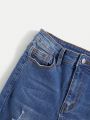 SHEIN New Casual, Fashionable, Comfortable, Elastic, Skinny, Distressed Blue Mid-Rise Jeans For Tween Boy
