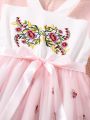 Teen Girls' Chinese Style Han Element Rose Embroidery Stand Collar Long Dress