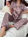 Color-Block Flower Printed Silk-Like Pajama Set With Edging