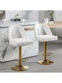 OSQI Golden Swivel Velvet Barstools Adjusatble Seat Height from 25-33 Inch, Modern Bar Stool & Counter Stools with Nailheads for Home Pub and Kitchen Island,Set of 2, Faux White Rabbit Hair