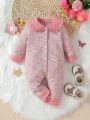 Baby Girls' Fleece Collar Checked Jumpsuit With Long Pants, Suitable For Party Spring And Autumn