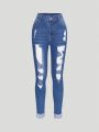 Teen Girls' Dark Wash Water Blue Ripped Skinny Jeans With Rolled Hem And Stretchy Material