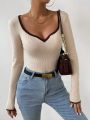 SHEIN Essnce Contrast Binding Sweetheart Neck Ribbed Knit Sweater