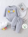 SHEIN Baby Boy'S Floral Grey Romper And Pants Home Outfit Set