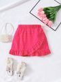 SHEIN Kids QTFun Young Girl's Fashionable And Cute Layered Skirt With Cut Flowers Design And Ruffled Hem