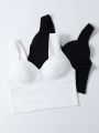 Teenage Girls' 2pcs Solid Color Ribbed Pitted Bralette Set