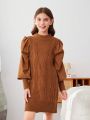 SHEIN Kids EVRYDAY Tween Girls Casual Loose Fit Long Sleeve Round Neck Pullover Sweater Dress