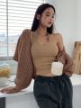 DAZY Women's Lantern Sleeve Ultra Short Cardigan