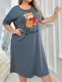 Plus Size Women's Cartoon Bear Heart & Letter Print T-Shirt And Long Sleep Dress