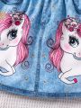 SHEIN Kids EVRYDAY Toddler Girls' Unicorn Pattern Denim Look Skirt For Summer, Cute And Versatile