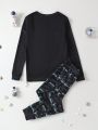 Tween Boys' Space-Themed Long Sleeve Top And Printed Loose Fit Pants Set, Comfortable Homewear
