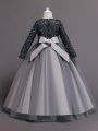 Little Girls' Long Sleeve Sequin Patchwork Mesh Vintage Elegant Dress With Big Swing Hem For Formal Occasions