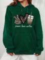 Plus Size Letter & Heart Printed Drawstring Hooded Sweatshirt With Fleece Lining And Oversized Sleeves