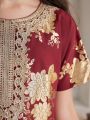 SHEIN Kids Nujoom 1pc Tween Girl's Gold Flower Print & Lace Patchwork Dress