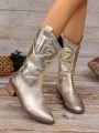 Elegant Women's Western Boots With Embroidery And Metallic Color, Fashionable Boots