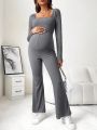 SHEIN Maternity Square Neck Ribbed Knit Flare Leg Jumpsuit