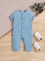 SHEIN Baby Boy Casual Solid Color Short Sleeve Overall With Wrinkle Effect