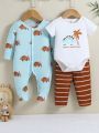 SHEIN 3pcs/Set Baby Boy Adorable Dinosaur Printed Long Sleeve Button Up Romper, Short Sleeve And Striped Pants Pajamas Set