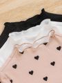 SHEIN Kids EVRYDAY 3pcs/Set Girls' Solid Color Stand Collar Fitted Casual T-Shirt With Heart Pattern
