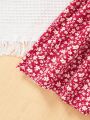 SHEIN Kids SUNSHNE Young Girls' Floral Print V-Neck Short Bubble Sleeve Dress