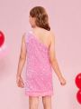 SHEIN Kids FANZEY Girls' Beaded Weave Single Shoulder Patchwork Bodycon Dress With Slit