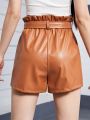 Teenage Girls' Pu Leather Loose Fit Shorts With Belt, Casual